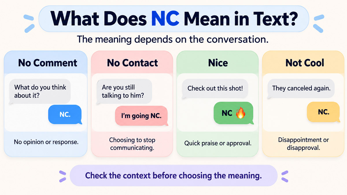 Infographic showing NC meaning “No Comment,” “No Contact,” “Nice,” and “Not Cool” in different texting contexts