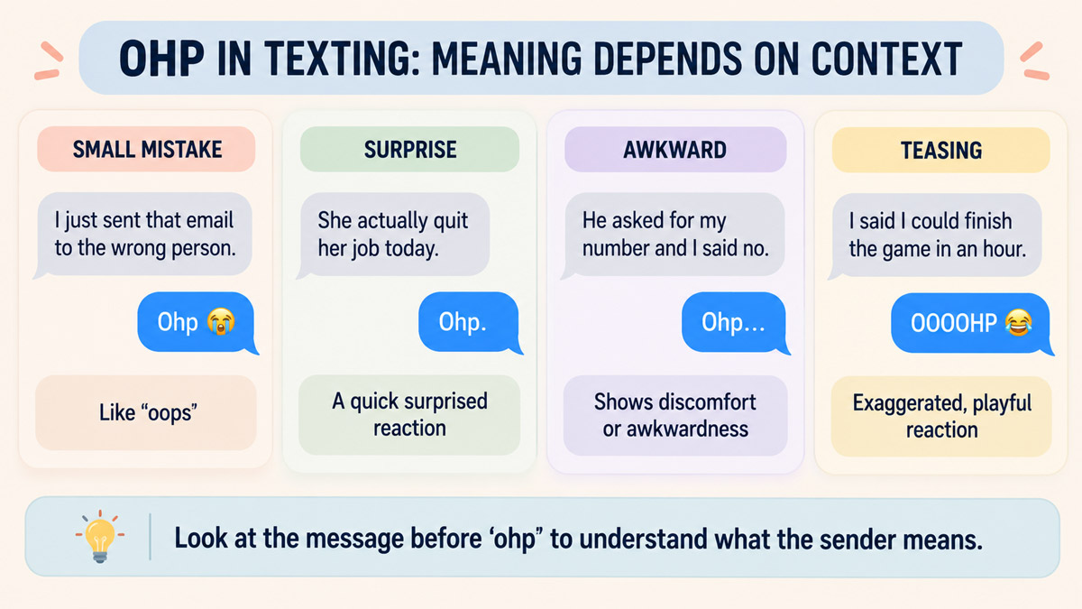 Infographic showing “ohp” used for a small mistake, surprise, awkwardness, and playful teasing in text messages