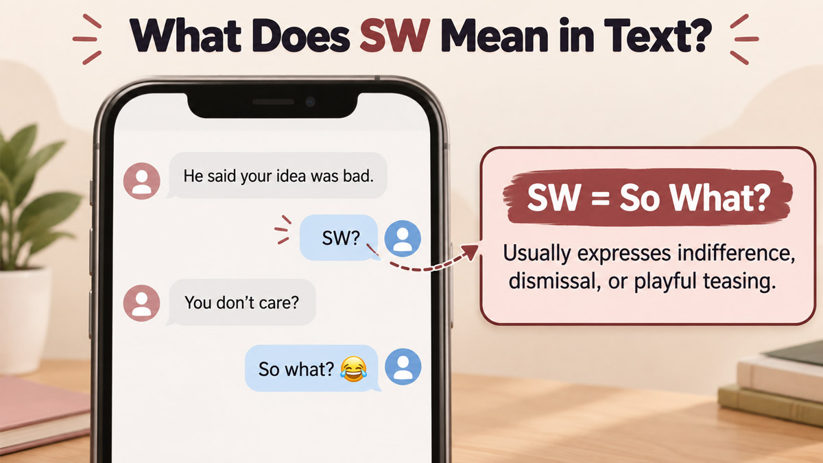 Fictional text conversation showing SW meaning “So What?” in casual texting