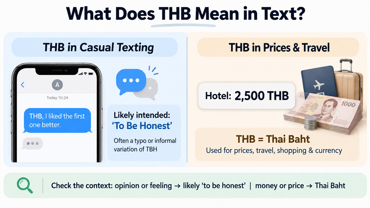 Infographic comparing THB in casual texting with THB as the Thai Baht currency code.