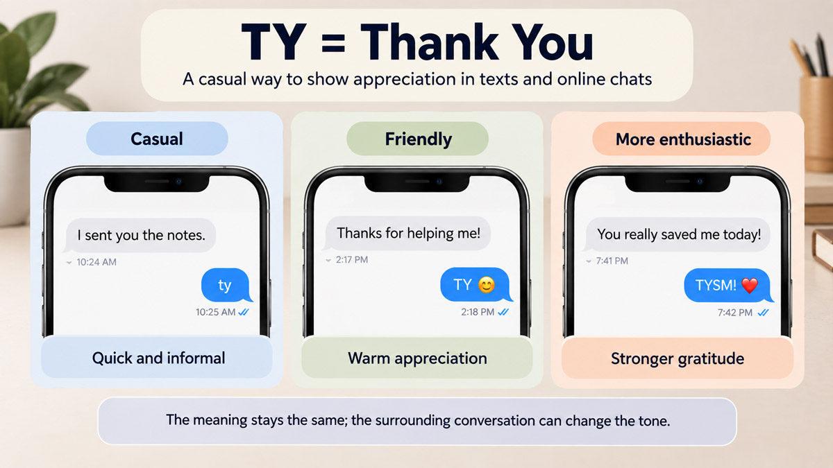 Text message examples showing “TY” meaning “Thank You” in casual, friendly, and enthusiastic conversations.
