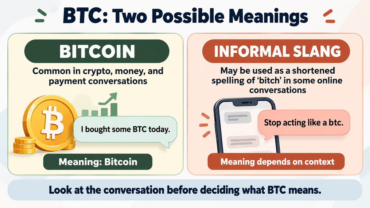 Comparison graphic showing BTC as Bitcoin in financial conversations and as potentially offensive slang in informal text messages.