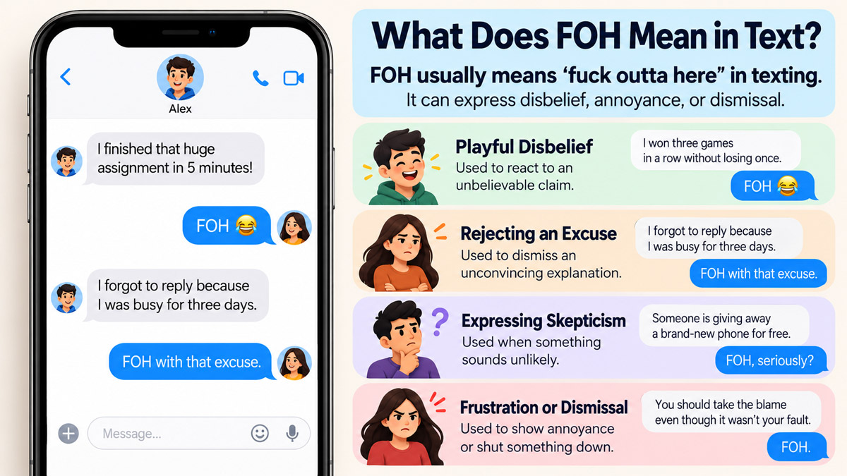 Infographic explaining FOH as “fuck outta here” with text-message examples showing playful disbelief, excuse rejection, skepticism, and frustration.
