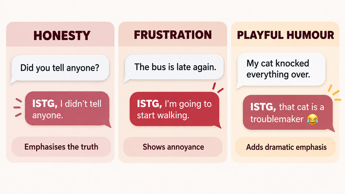 Three text-message examples showing ISTG used to express sincerity, frustration, and playful humour.
