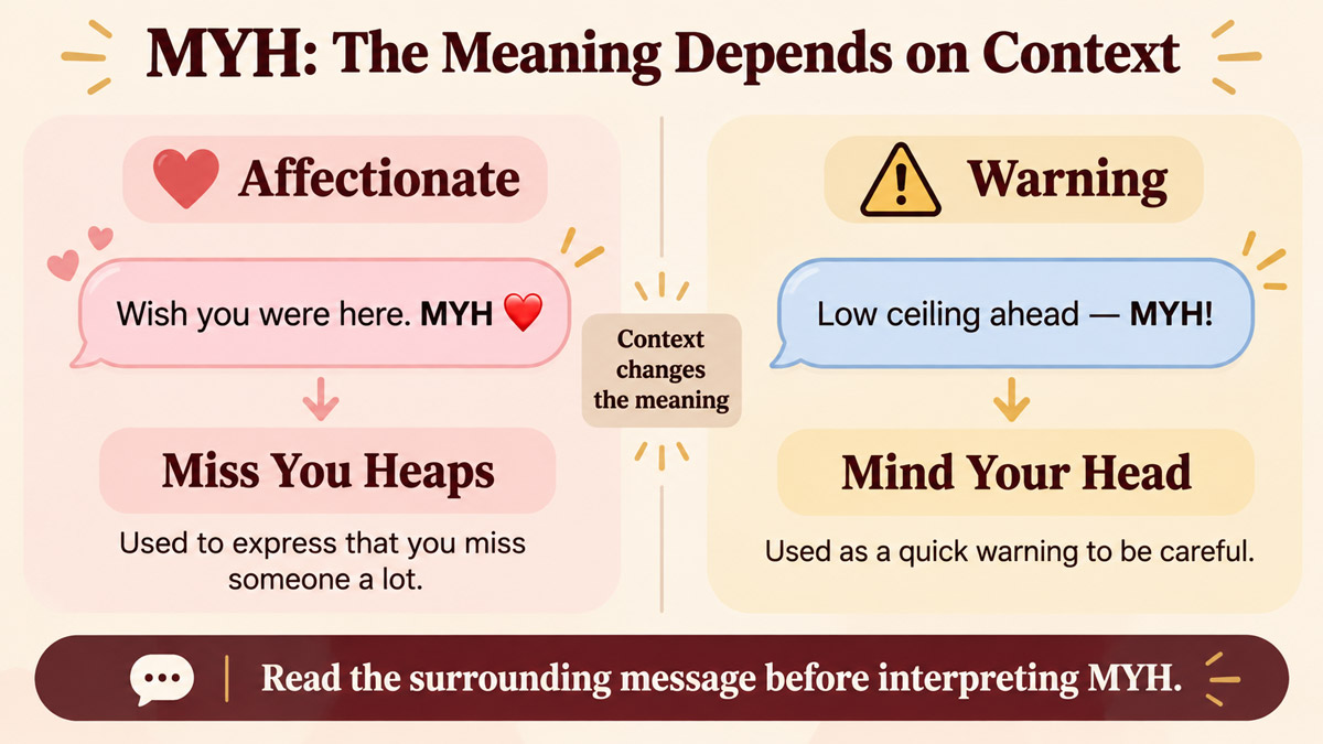MYH shown in affectionate and warning text-message contexts, illustrating how context changes its meaning