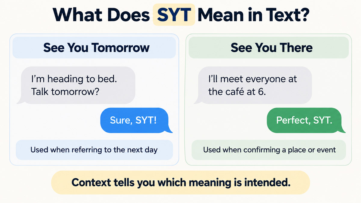 SYT shown in two text conversations meaning “See You Tomorrow” and “See You There”