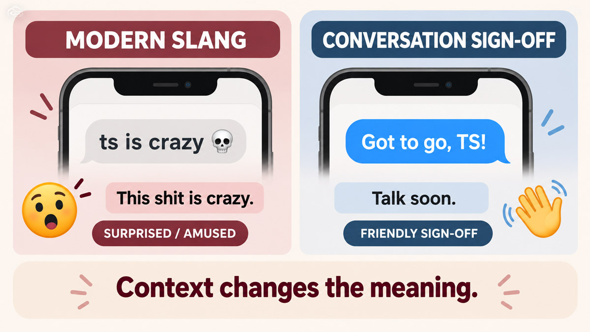 Two text-message examples showing TS as “this shit” in a casual reaction and “talk soon” as a conversation sign-off.